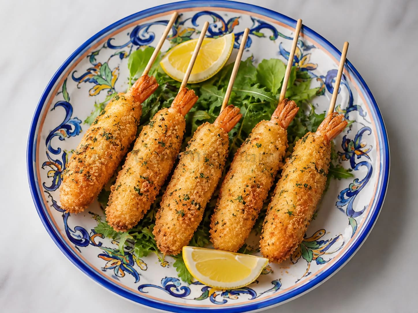 Spiedini di gamberi con alghe croccanti